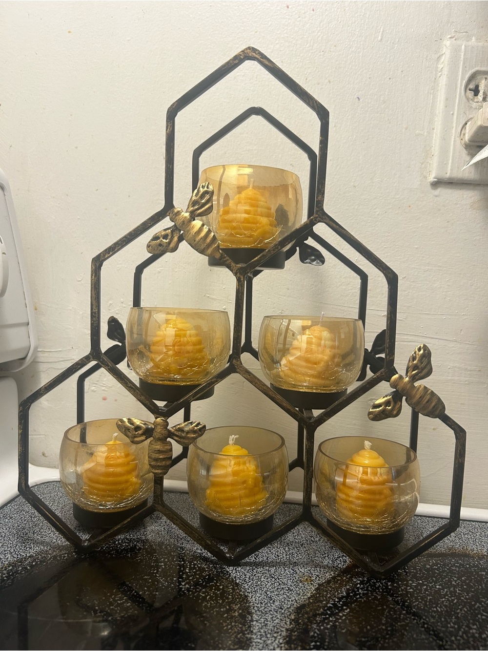 Cast iron with Honeycomb Glass Votive Set with honey scented Beehive Candles